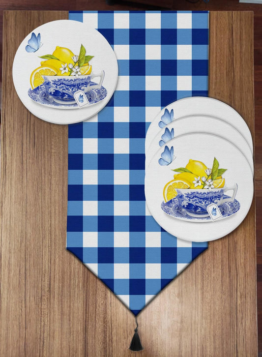 Pusula Home Mavi Ekose ve Limon Desenli 6'lı Supla ve Runner Set