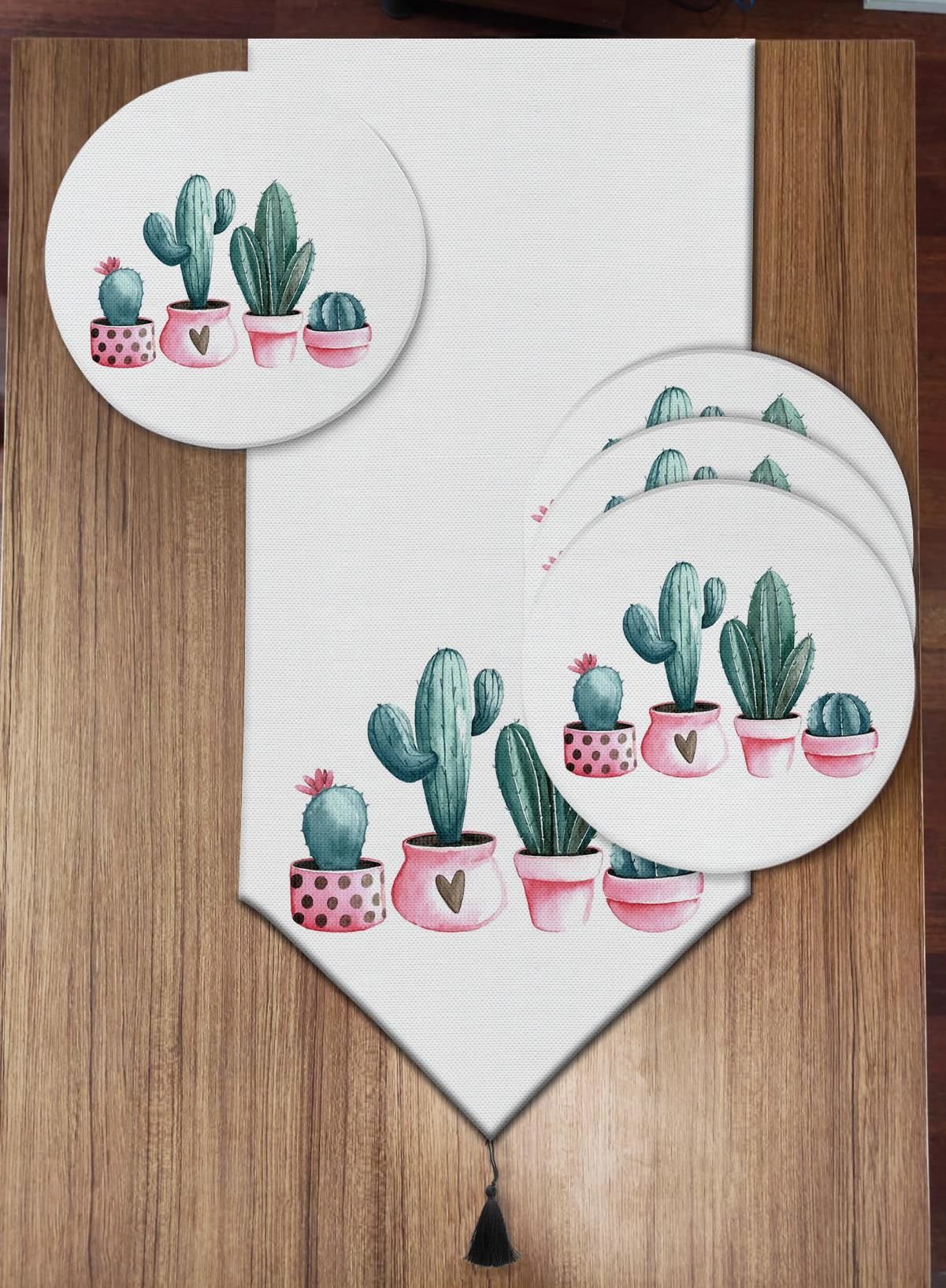 Pusula Home Pembe Saksılı Kaktüsler 6'lı Supla ve Runner Set