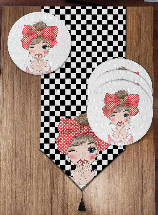 Pusula Home Sevimli Kız Desenli 6'lı Supla ve Runner Set