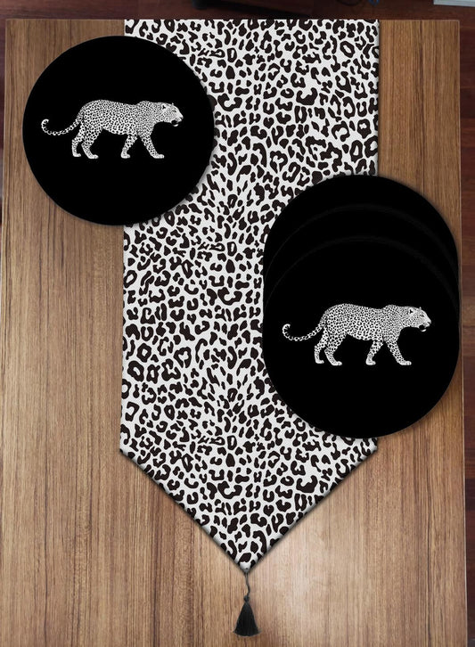 Pusula Home Siyah Beyaz Leopar Desenli 6'lı Supla ve Runner Set